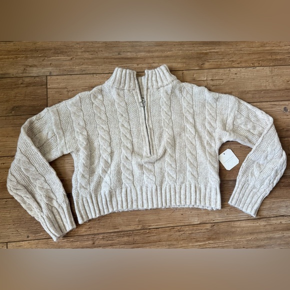 Altar'd State Sweaters - Altar'd State Cream, Oatmeal, Half-Zipped Cable Knit Turtleneck Sweater, Cropped